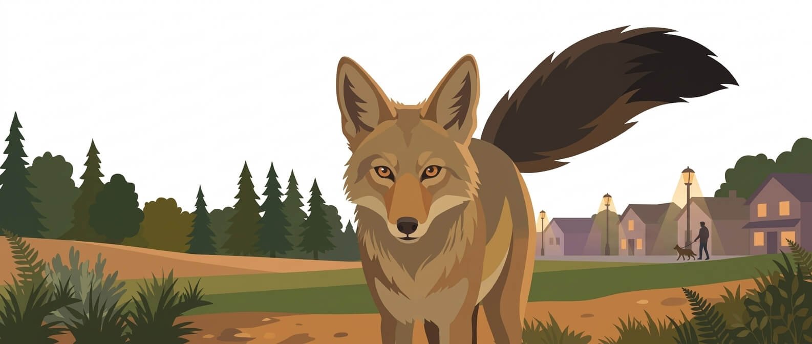 a close-up of a coyote with a suburban neighborhood in the background.