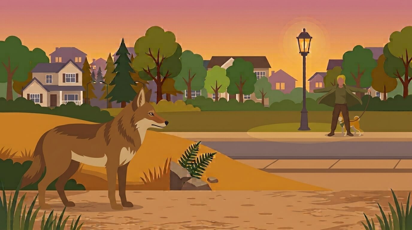 Illustration for wildlife and environmental safety showing an owner standing tall with arms raised to haze a coyote while holding their dog on a short leash.