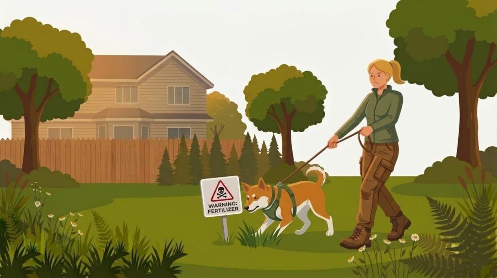 Illustration for wildlife and environmental safety showing a dog sniffing a suburban lawn with poison warning signs while its owner watches.