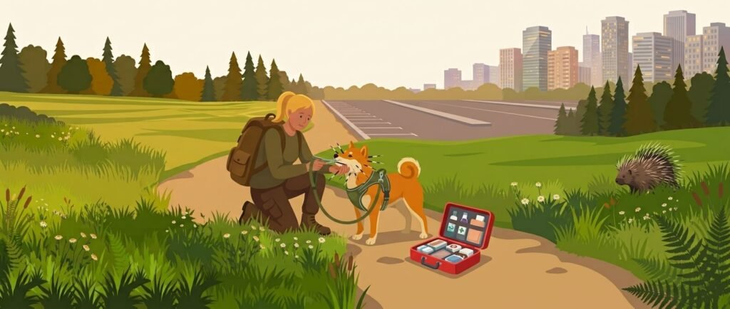 Illustration for wildlife and environmental safety showing an owner examining a dog's muzzle covered in porcupine quills while holding the leash.