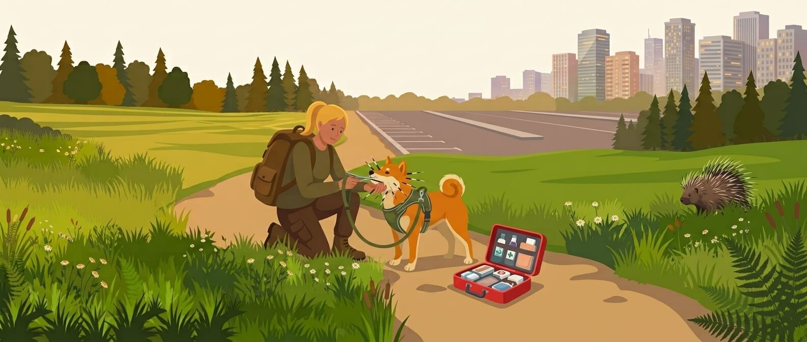 Illustration for wildlife and environmental safety showing an owner examining a dog's muzzle covered in porcupine quills while holding the leash.