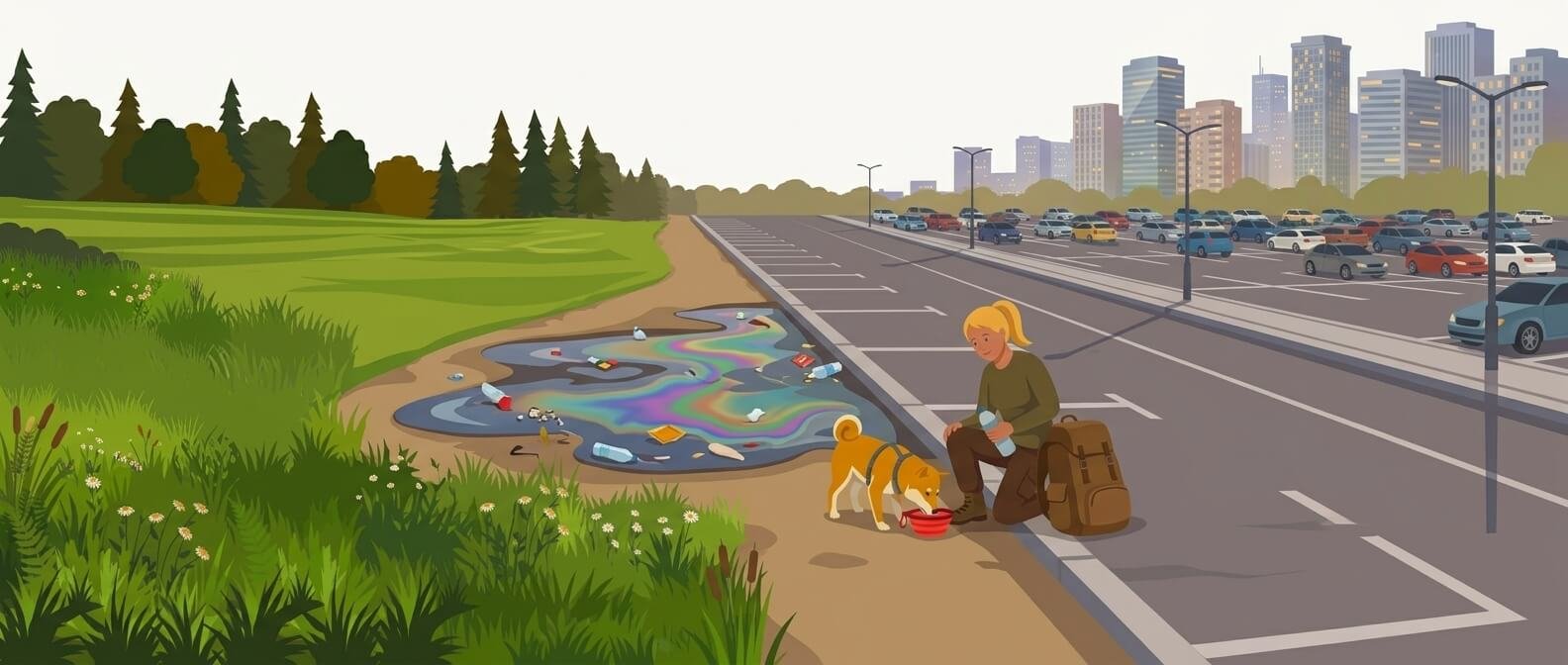 Illustration for wildlife and environmental safety showing a dog drinking from a collapsible bowl while its owner sits nearby, with a polluted puddle in the background.