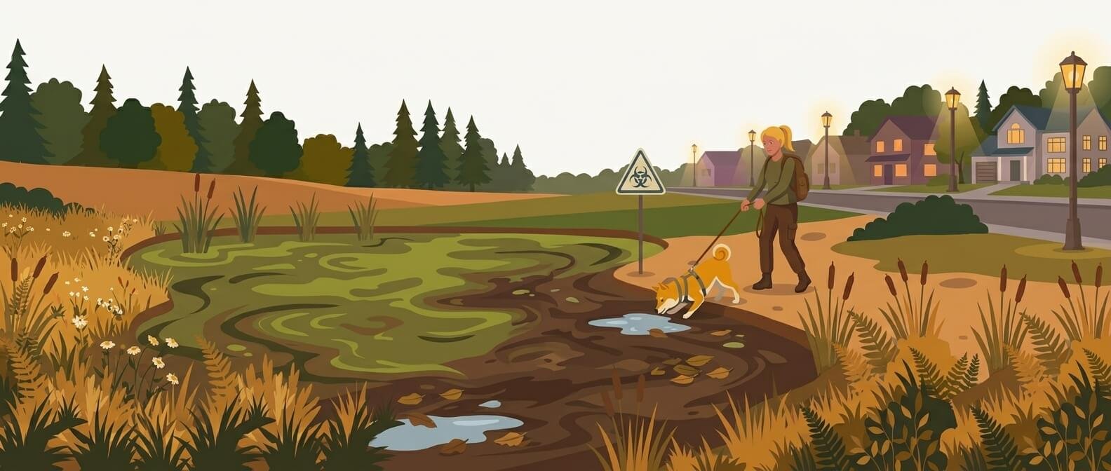 Illustration for wildlife and environmental safety showing a dog starting to drink from a puddle on a muddy trail while its owner gently pulls the leash back.