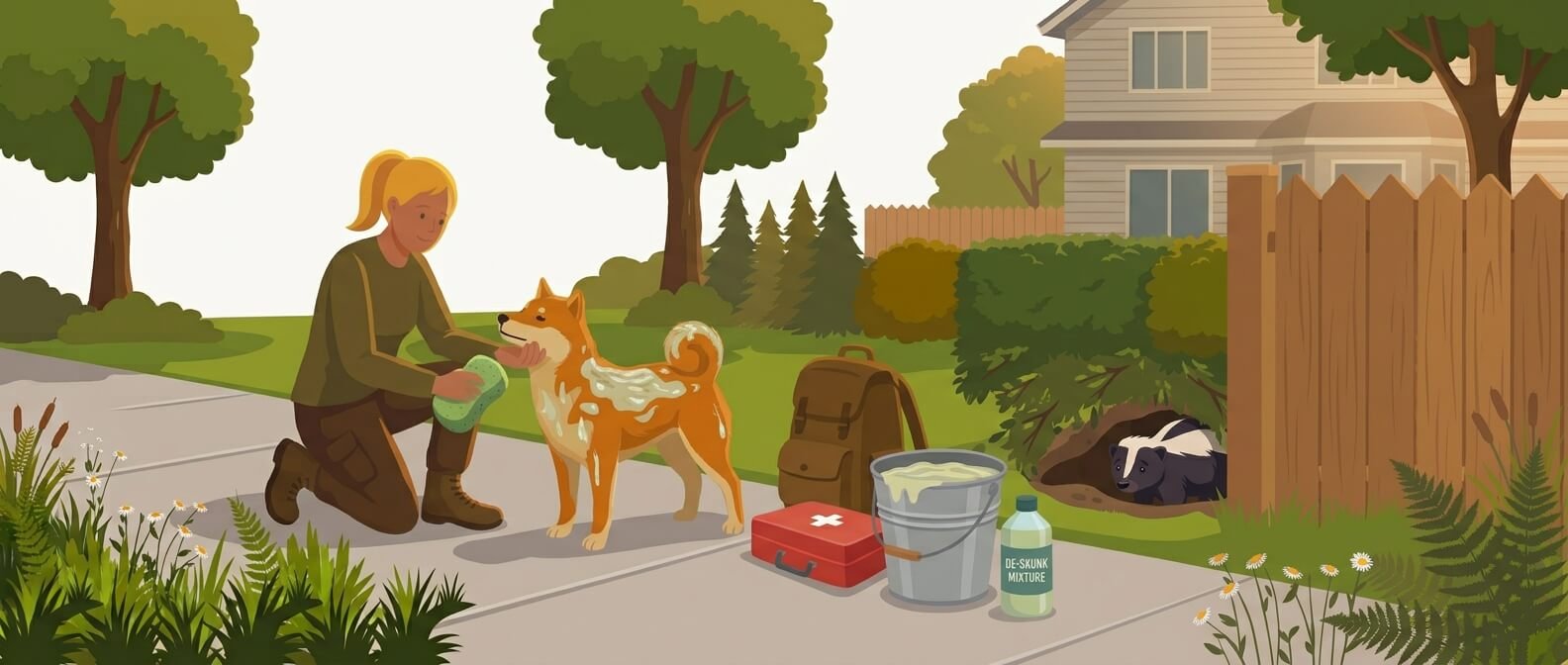 Illustration for wildlife and environmental safety showing an owner applying a de-skunking mixture to a dog's coat on a driveway, with a skunk peeking out from a burrow nearby.