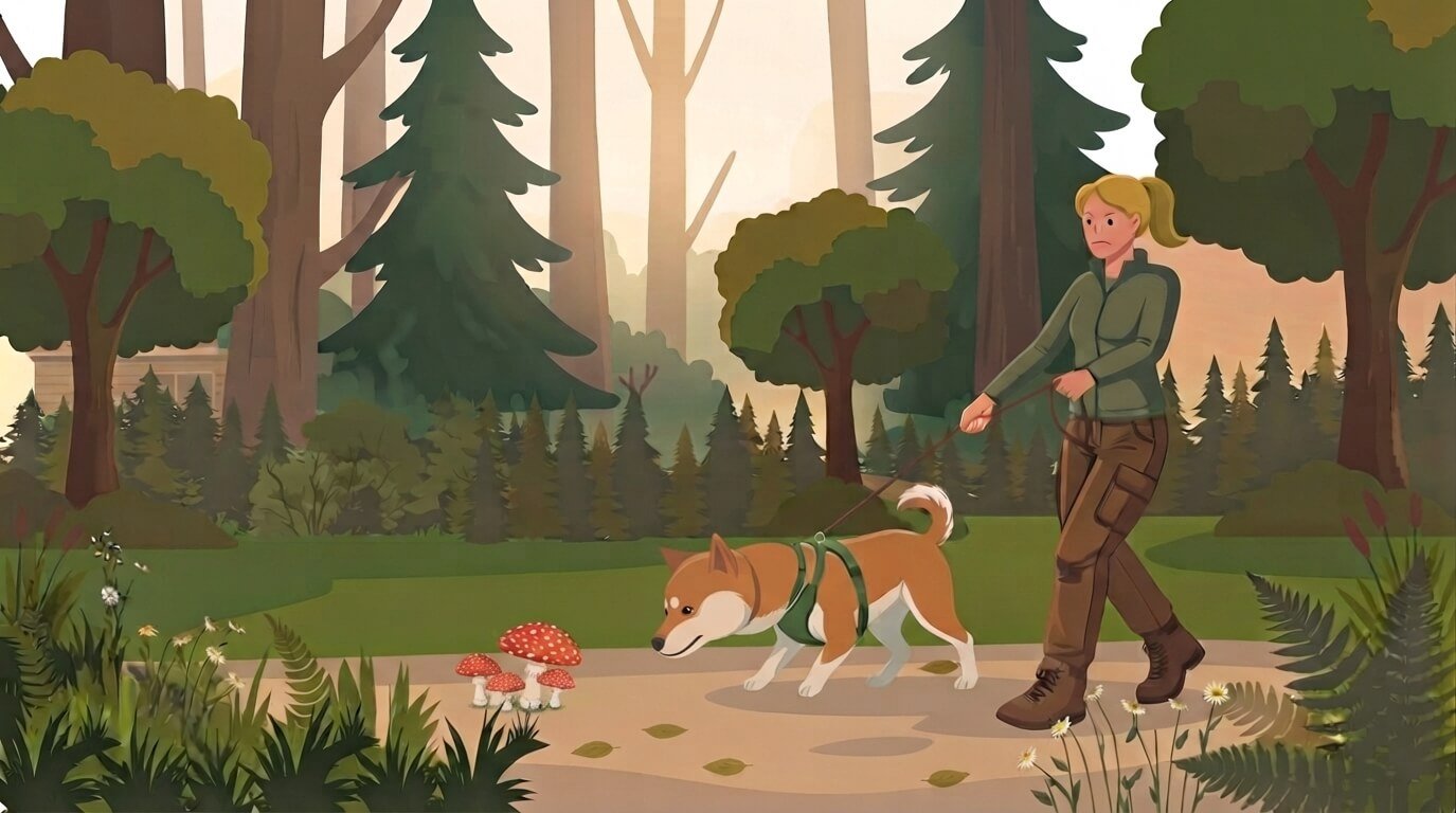 Illustration for wildlife and environmental safety showing a dog on a leash sniffing toxic wild mushrooms on a forest trail while its owner pulls the leash back.