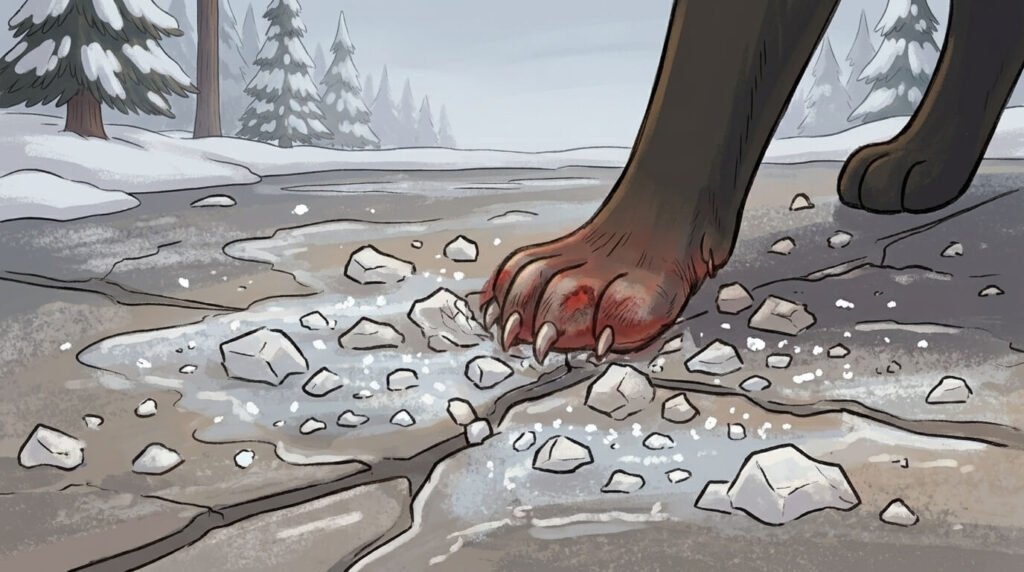 Close-up cartoon illustration of a black dog's bare paw stepping on icy pavement covered with de-icing salt