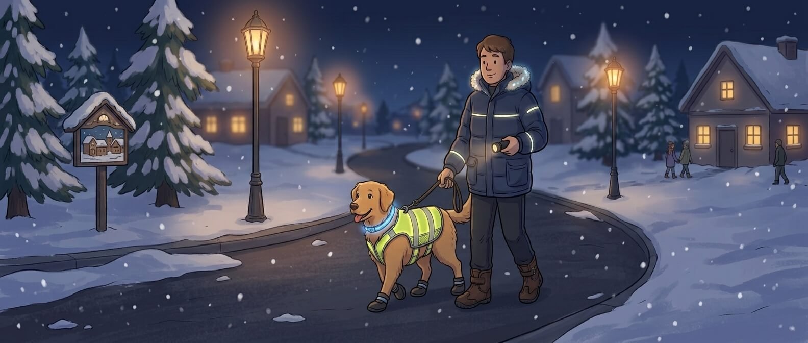 Dog wearing a reflective vest for night walks in winter