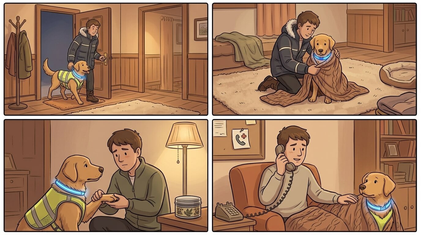 Four-panel cartoon illustration showing how to warm up a cold dog: bringing them inside, wrapping them in a blanket, checking their paws, and calling the vet