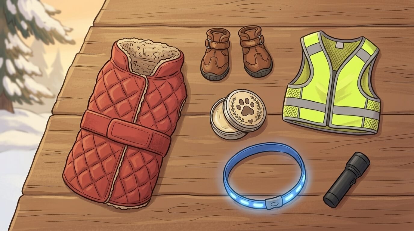 Winter dog walking gear checklist — coat, booties, paw balm, and reflective vest