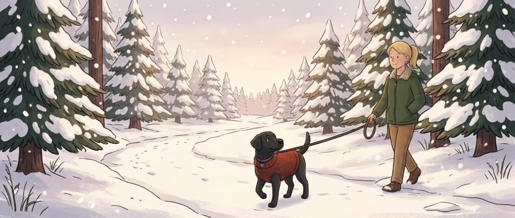 Cartoon illustration of a dog and owner walking in the snow — winter dog walking safety