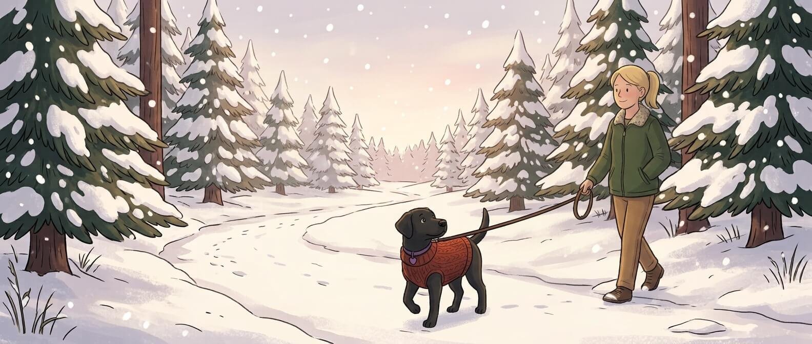 Cartoon illustration of a dog and owner walking in the snow — winter dog walking safety